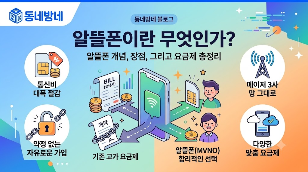 핸드폰 구매 사이트 선택 기준과 자급제폰, 알뜰폰 요금제, 오픈박스폰 비교 방법을 설명하는 동네방네 안내 이미지