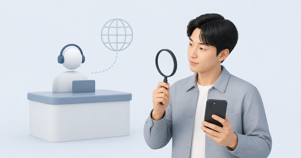 스마트폰과 돋보기를 든 캐릭터가 해외 구매 기기의 공식 지원 문의를 준비하는 모습