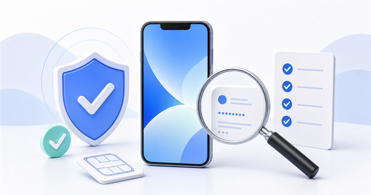 중고 스마트폰의 IMEI 번호를 돋보기로 확인하고 분실·도난 여부와 선택약정 항목을 점검하는 모습